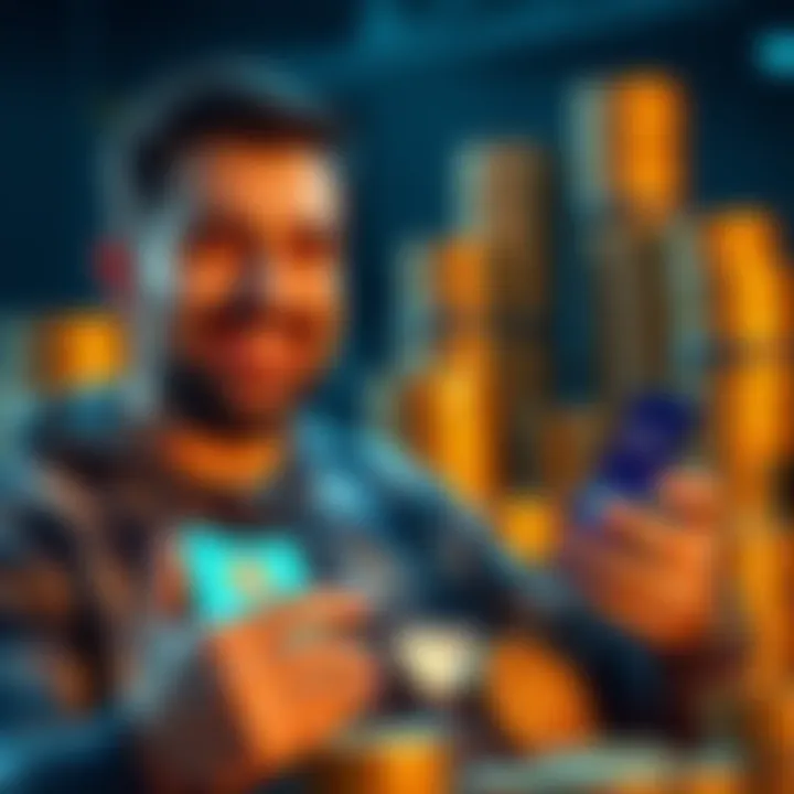A man smiling while holding a smartphone displaying Bitcoin stats with stacks of coins in the background.