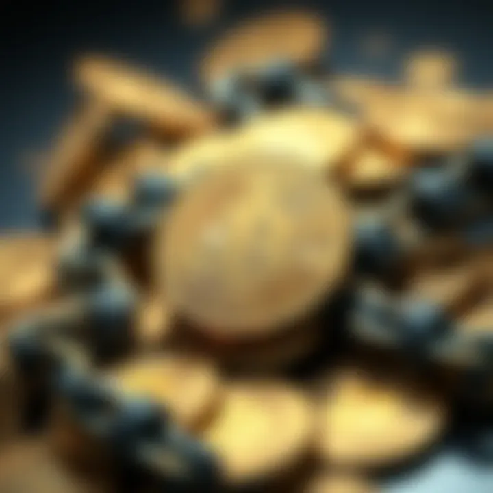 A pile of Bitcoin coins chained together, symbolizing seized assets in a legal battle.