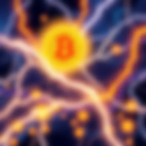 Illustration showing the Lightning Network as a fast payment channel for Bitcoin transactions with lightning bolts symbolizing speed.