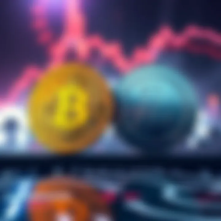 A visual comparison of Bitcoin and Litecoin symbols with transaction speed and fee indicators
