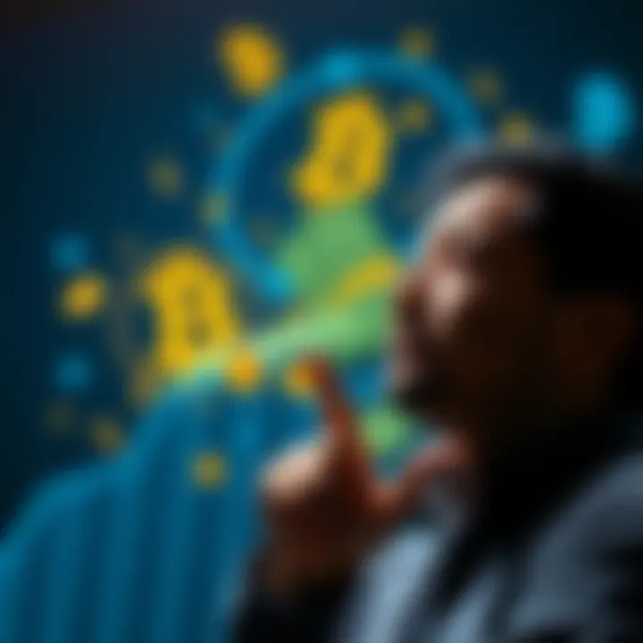 A person considering a Bitcoin-backed loan with BTC graphics and cash symbols in the background