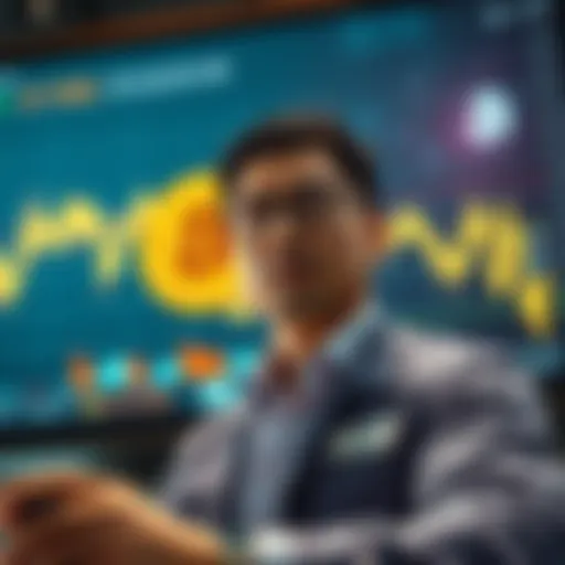 A trader looking worried while observing a large Bitcoin chart showing a downward trend, indicating significant losses in the market.
