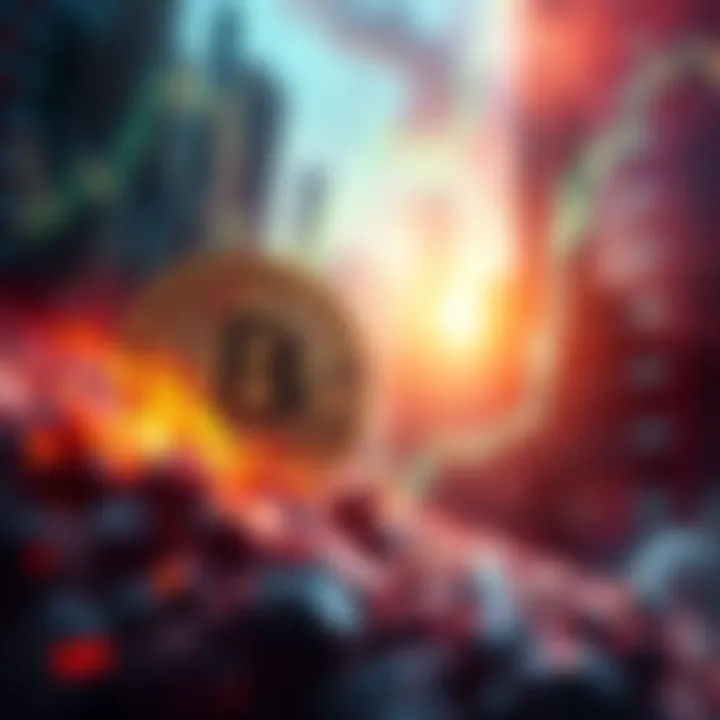 A visual representation of Bitcoin soaring in value during a turbulent market, with a graph showing volatility and dramatic price changes.