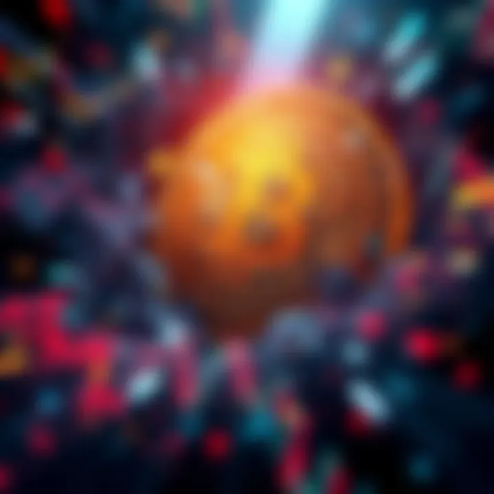 A bold Bitcoin symbol amidst swirling graphs and charts representing market fluctuations and regulations