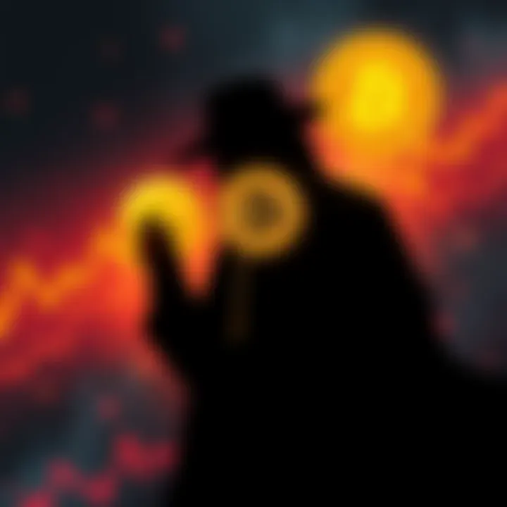 A visual representation of Bitcoin prices dropping sharply with a silhouette of a mysterious figure holding Bitcoin, symbolizing Satoshi Nakamoto's potential actions.