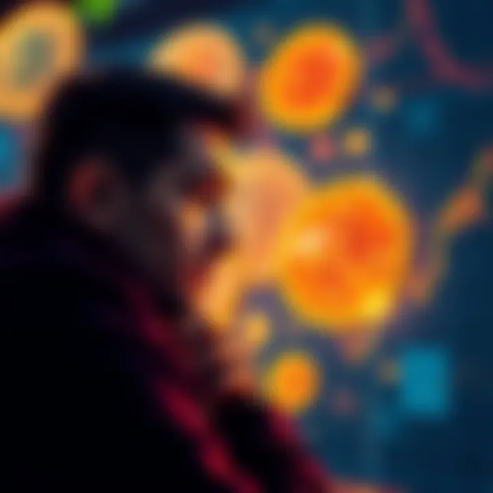 A person pondering over Bitcoin symbols and charts, illustrating a change in perspective about cryptocurrency maximalism.