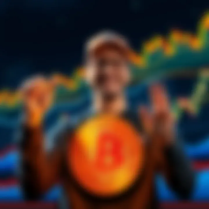 A happy individual holding a Bitcoin symbol with excitement after achieving their goal of stacking 3 sats, surrounded by charts showing Bitcoin trends.