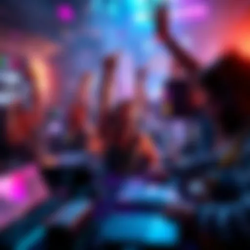 A group of Bitcoin miners celebrating at the Rigly Block Party, with computers and mining rigs visible, and excitement in the air