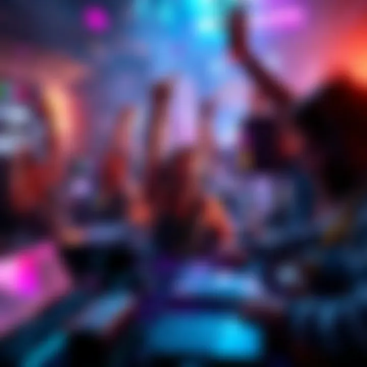 A group of Bitcoin miners celebrating at the Rigly Block Party, with computers and mining rigs visible, and excitement in the air