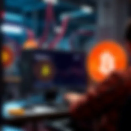 A miner using a computer to solve complex calculations for Bitcoin transactions