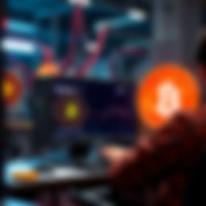 A miner using a computer to solve complex calculations for Bitcoin transactions