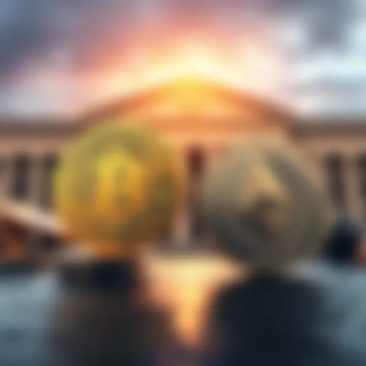 A visual comparison of Bitcoin and Monero coins with a backdrop of a bank building, symbolizing centralization vs. decentralization.