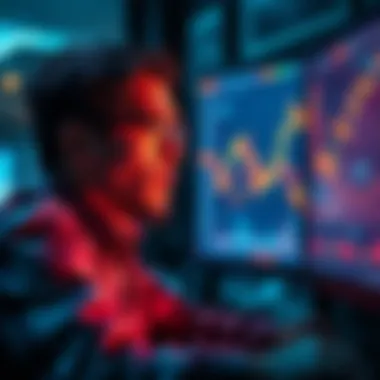 A worried investor looking at a computer screen showing Bitcoin prices and financial charts, reflecting anxiety about the market.