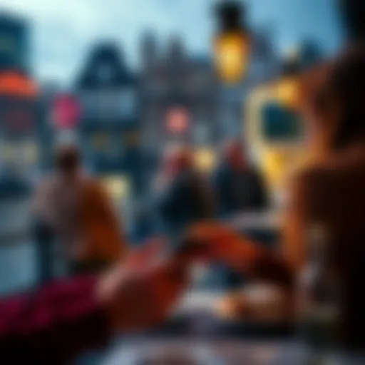 A traveler using a smartphone to pay with Bitcoin at a cafe in Amsterdam with the city view in the background.