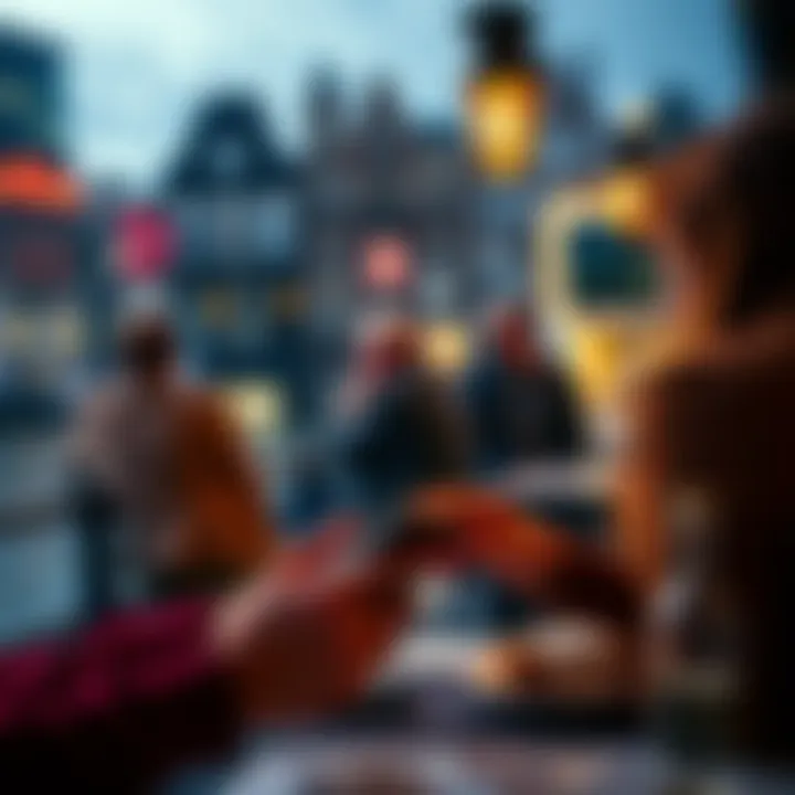 A traveler using a smartphone to pay with Bitcoin at a cafe in Amsterdam with the city view in the background.