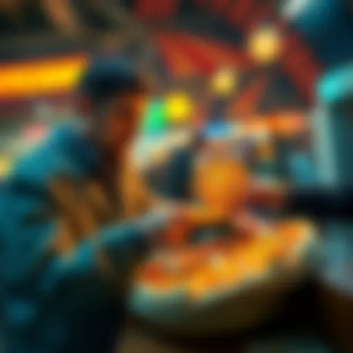 Laszlo Hanyecz buying two pizzas with Bitcoin in a lively setting.