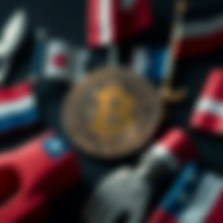 A Bitcoin symbol surrounded by left and right political symbols, representing the diverse political views on cryptocurrency.
