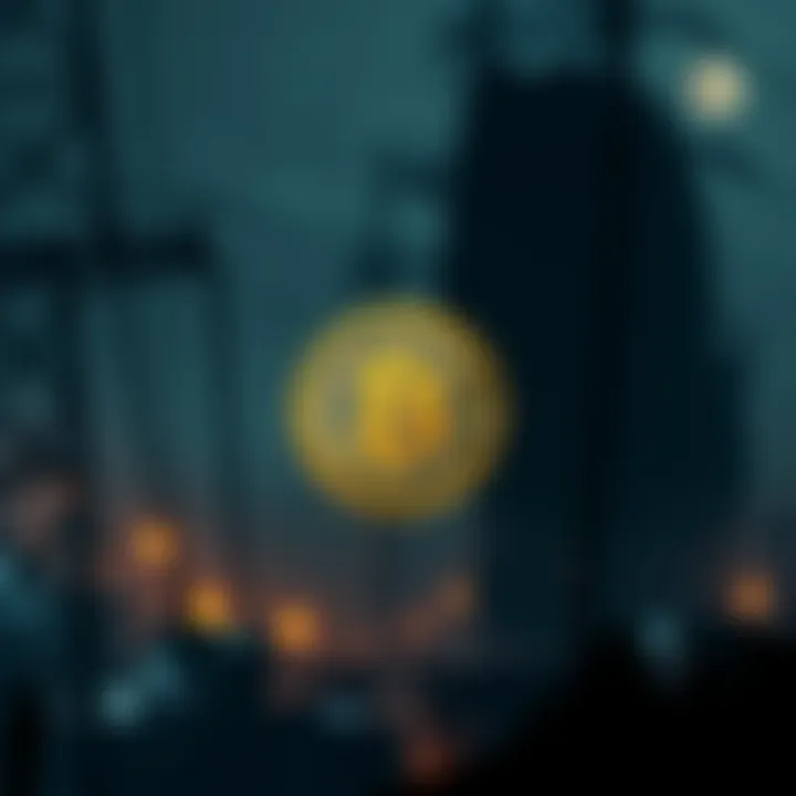 A symbolic image showing a bitcoin symbol in front of a dark, chaotic cityscape with no electricity and internet access, highlighting the challenges bitcoin faces during societal collapse.
