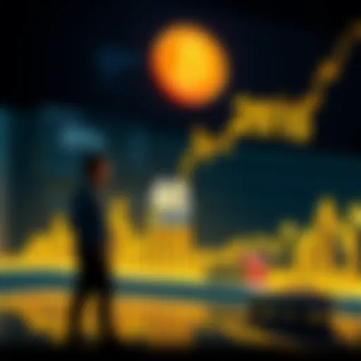A graph showing Bitcoin's price rising to 40 cents in 2010, with a disappointed investor looking on