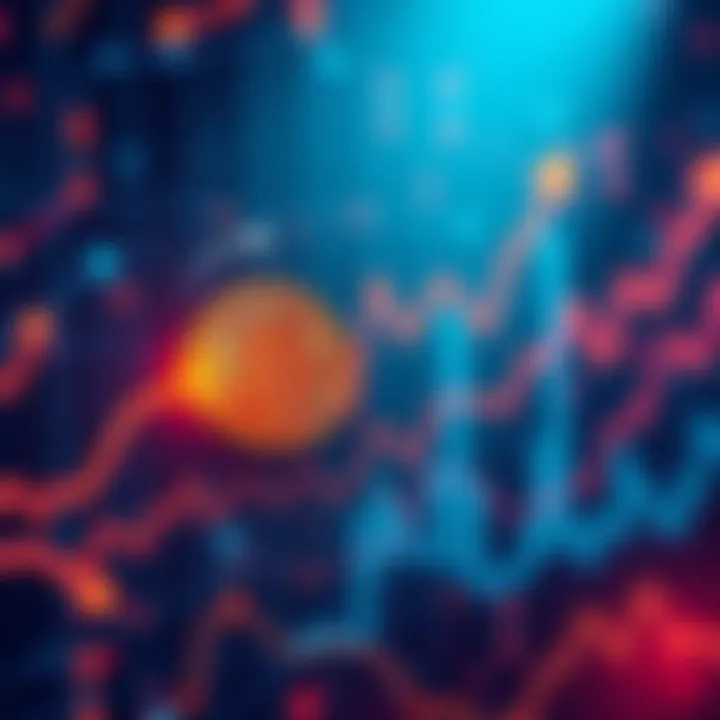 A line chart showing Bitcoin price trends with arrows indicating potential price drops and increases.