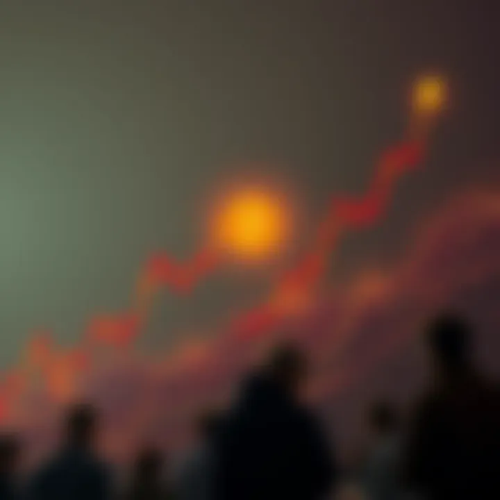 A graphical representation of Bitcoin's price surging to an all-time high, with a muted background of investors looking at altcoins.