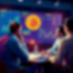 A group of people discussing Bitcoin prices and investment strategies, with charts and graphs on a screen