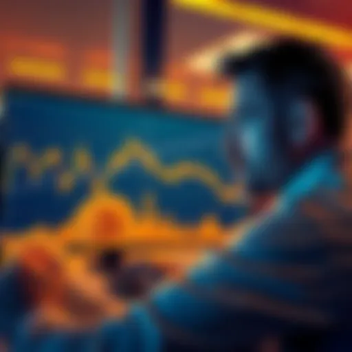A graph showing Bitcoin's price falling below $120K with a downward trend line and a worried investor looking at the screen.
