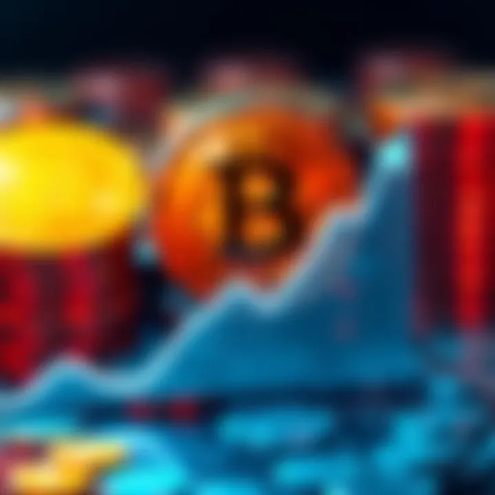 A graphic showing Bitcoin's rising value with an upward trend line and digital coins in the background