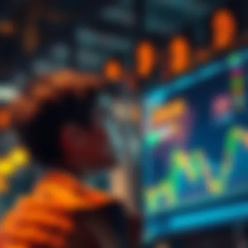 A young investor looking at a digital screen showing Bitcoin price trends, deep in thought about buying or waiting for a price drop.