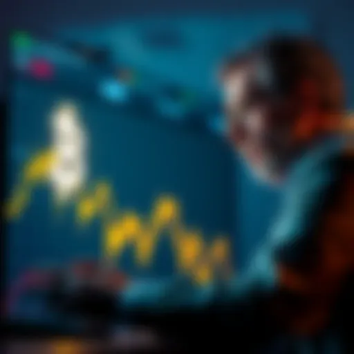 A graph showing a downward trend in Bitcoin prices with a dollar sign and a worried investor looking at the screen