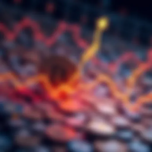 Graph showing Bitcoin price rising sharply with a background of digital currency icons