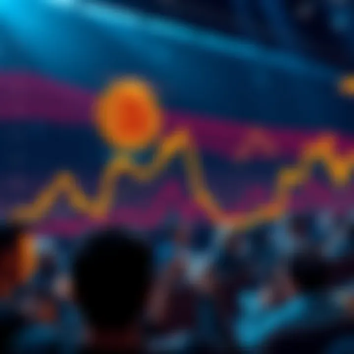 A graph showing the rise in Bitcoin value with small dips highlighted, alongside people reacting to the changes on their devices.