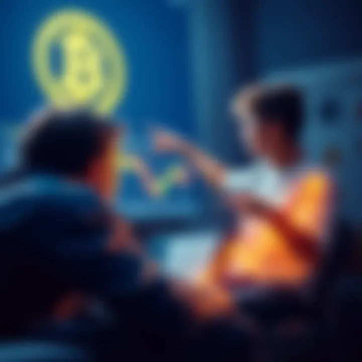 A person looking at a laptop screen showing a Bitcoin trading graph, with a friend excitedly pointing at the screen.