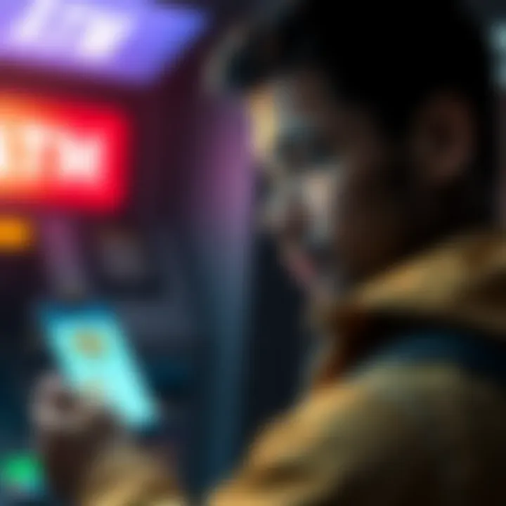 A person searching for assistance to recover a Bitcoin purchase receipt from an ATM, holding a smartphone with Bitcoin symbols