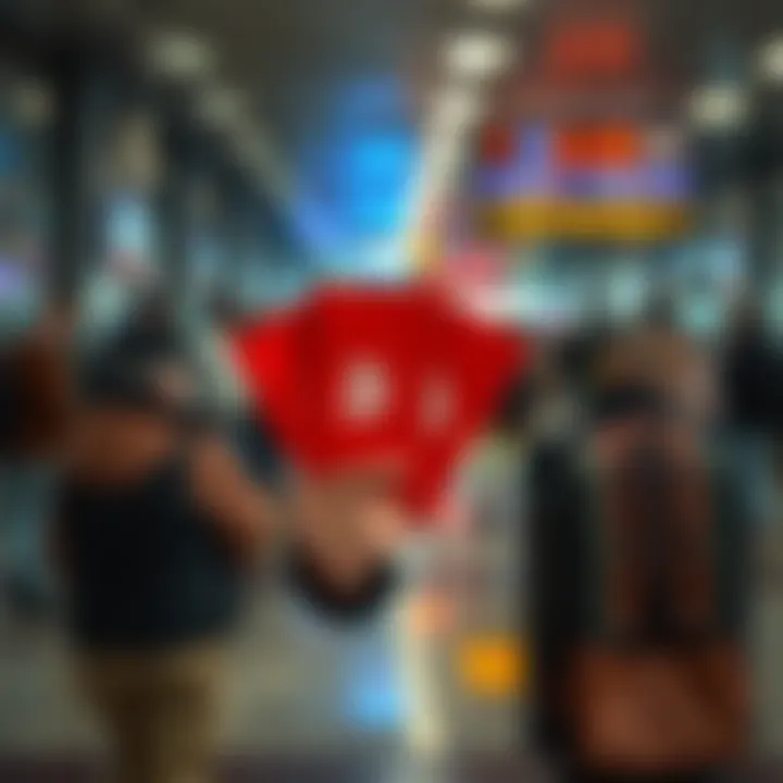 A traveler stands at airport customs with Bitcoin red envelopes in hand, looking concerned as customs officials inspect the envelopes.