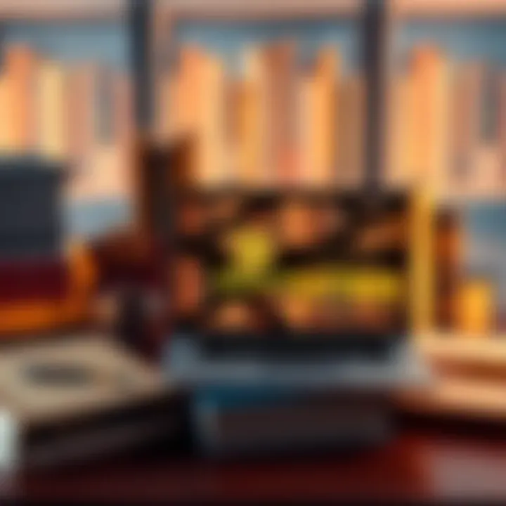 A collection of books and a laptop displaying videos about Bitcoin and cryptocurrency for beginners