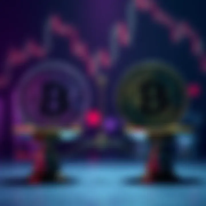 A graphic showing Bitcoin and a new rival coin facing each other with a balance scale in between, symbolizing competition in the cryptocurrency market.