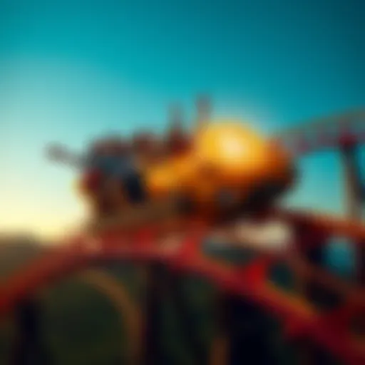 A colorful roller coaster representing Bitcoin's price swings, with excited people on the ride, symbolizing the volatility of cryptocurrency markets.