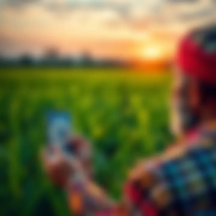 A farmer looking at a Bitcoin graphic on a mobile phone in a green field