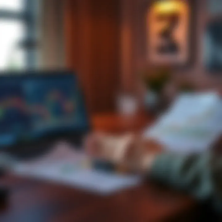 A person preparing documents for selling Bitcoin, showcasing a laptop with Bitcoin charts and funding proof papers on the desk.