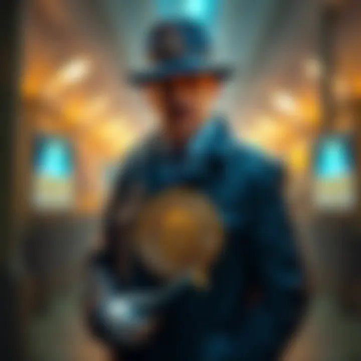 A con artist dressed as a police detective stands with a stolen Bitcoin logo, representing the $2.8 million scam.