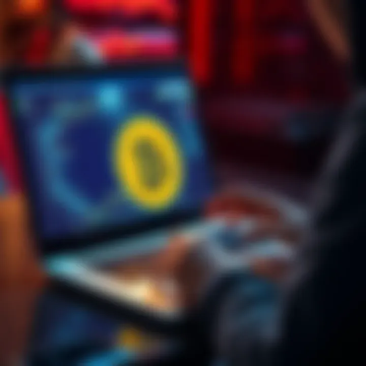 A person checking their Bitcoin wallet on a laptop with a padlock symbol representing security and privacy.