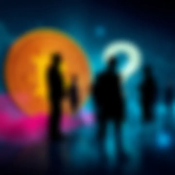 Silhouetted figures discussing Bitcoin with a question mark in the background, hinting at hidden doubts.