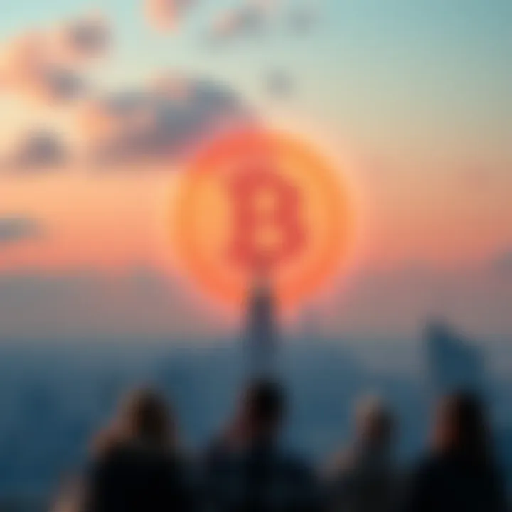 A city skyline with a large Bitcoin symbol glowing high in the sky, representing the surge in cryptocurrency value. People are looking up, puzzled about finances.