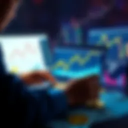 A person analyzing Bitcoin investment options on a laptop, with financial charts and dollar bills around them.