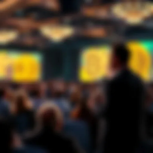 A person giving a speech about Bitcoin at a conference with an audience engaged in the presentation