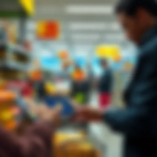 A person using a Bitcoin debit card at a store checkout, surrounded by products and a digital wallet on a smartphone.