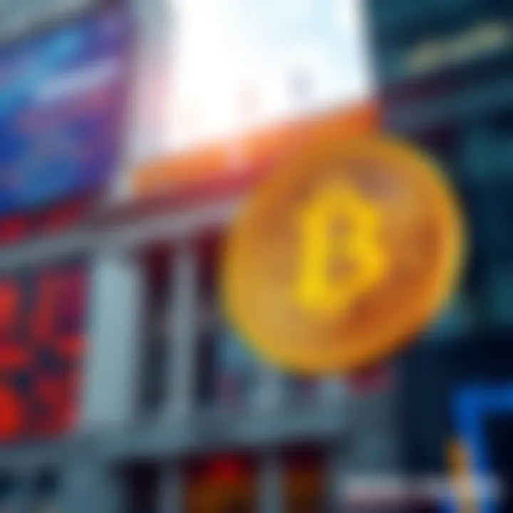 A graphic showing a bitcoin symbol next to a stock exchange building, illustrating the choice between storing bitcoins on an exchange versus a personal wallet.