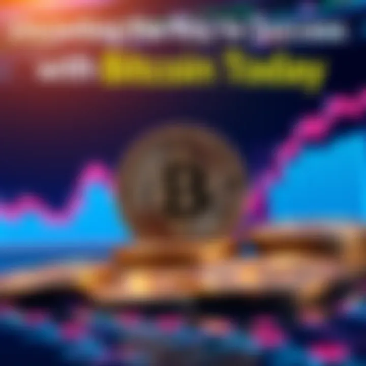 A stack of Bitcoin coins placed next to financial graphs and charts showing upward trends.