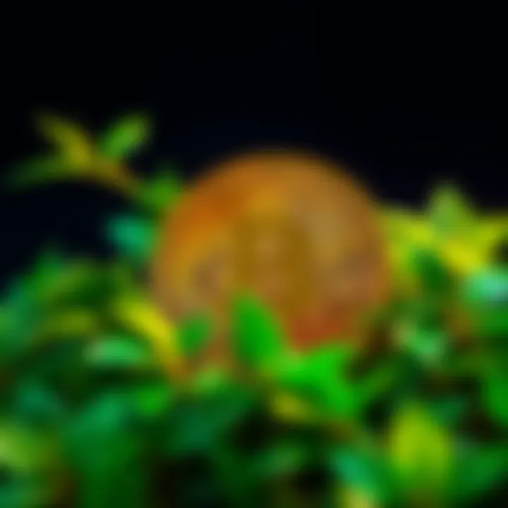 A bright golden Bitcoin coin surrounded by green leaves symbolizing the balance between greed and sustainability.